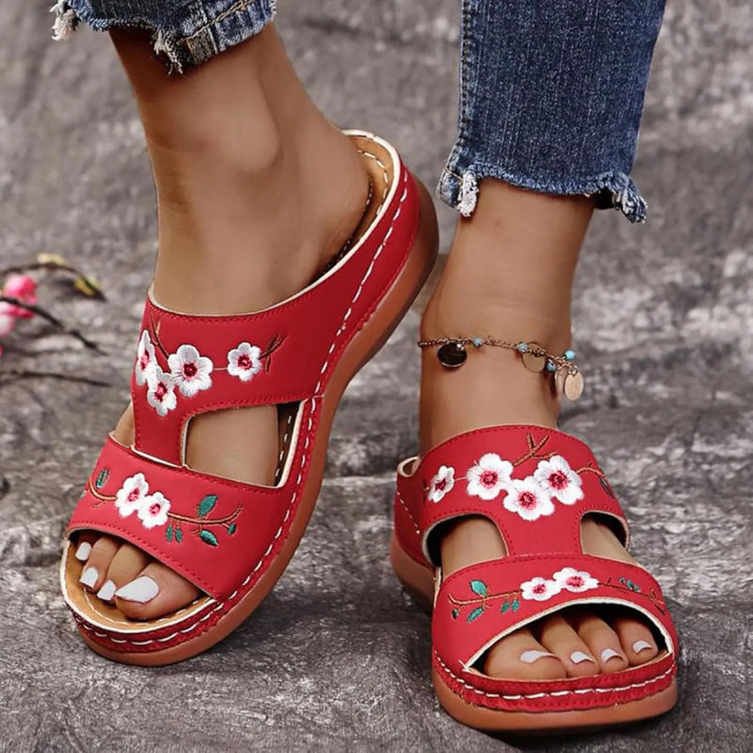 Women Orthopedic Sandals Casual Strappy Low Wedges Sandals Open Toe Flower Print Casual Comfortable Platform Sandals Walking Slip on Sandals