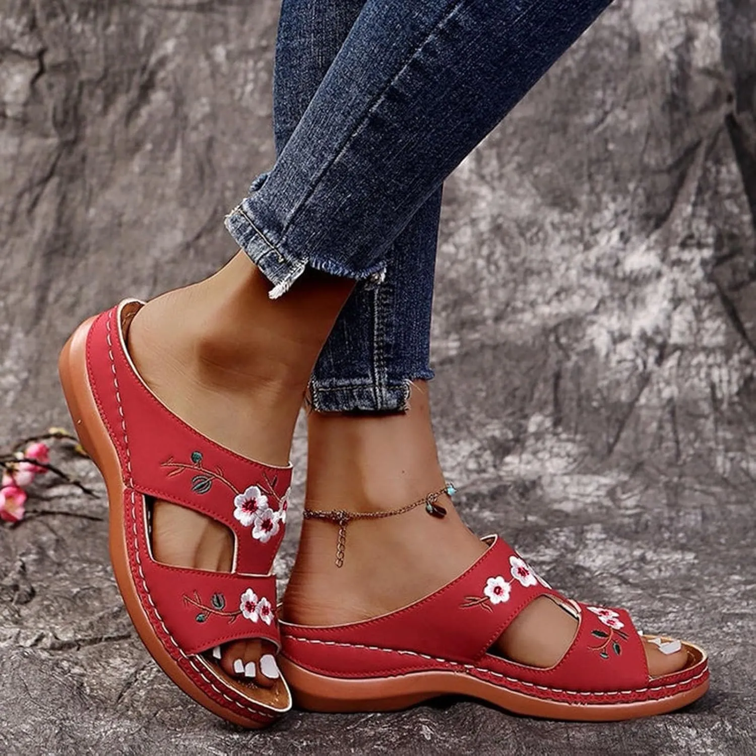Women Orthopedic Sandals Casual Strappy Low Wedges Sandals Open Toe Flower Print Casual Comfortable Platform Sandals Walking Slip on Sandals
