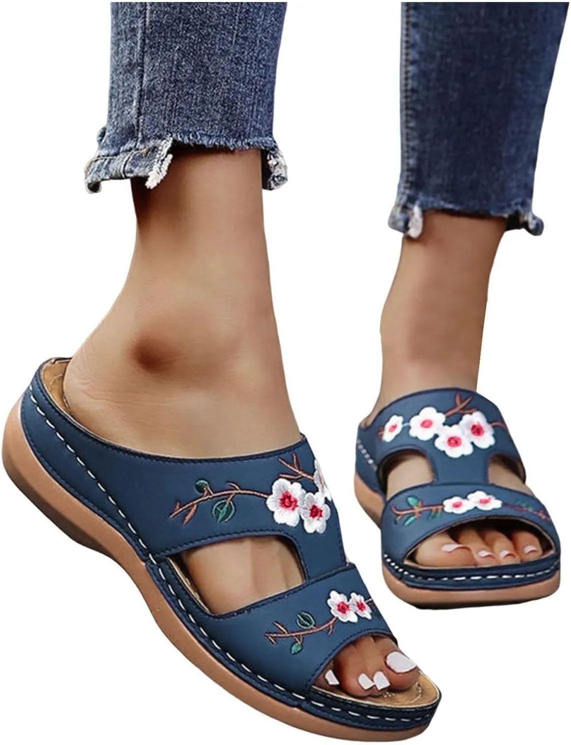 Women Orthopedic Sandals Casual Strappy Low Wedges Sandals Open Toe Flower Print Casual Comfortable Platform Sandals Walking Slip on Sandals