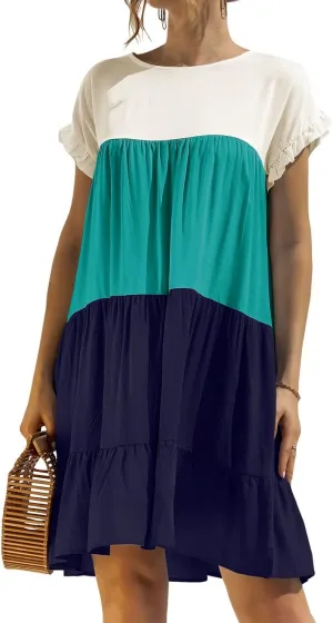 Women Short Sleeve Dresses 2022 Summer Ruffle Short Beach Floral Mini Dress Petite Cute Flowy Boho Holiday O Neck Dresses New Dress Light Blue X-Large