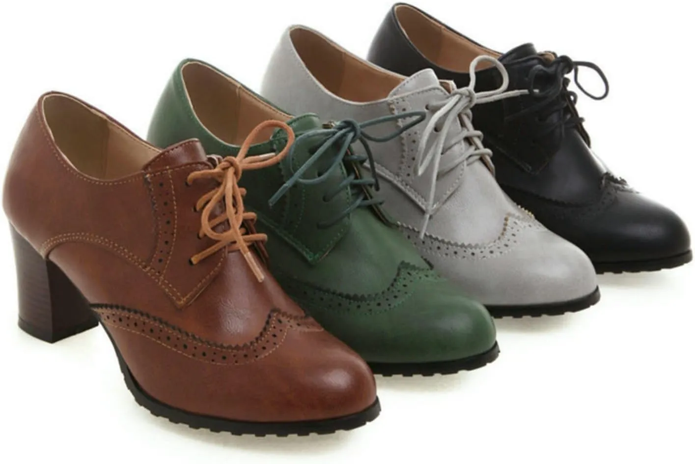 Women's Chunky Heeled Oxfords Round Toe Lace Up Stacked Block Heel Vintage Brogues Shoes Comfortable Wingtip High Heel Dress Pumps