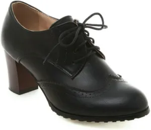 Women's Chunky Heeled Oxfords Round Toe Lace Up Stacked Block Heel Vintage Brogues Shoes Comfortable Wingtip High Heel Dress Pumps