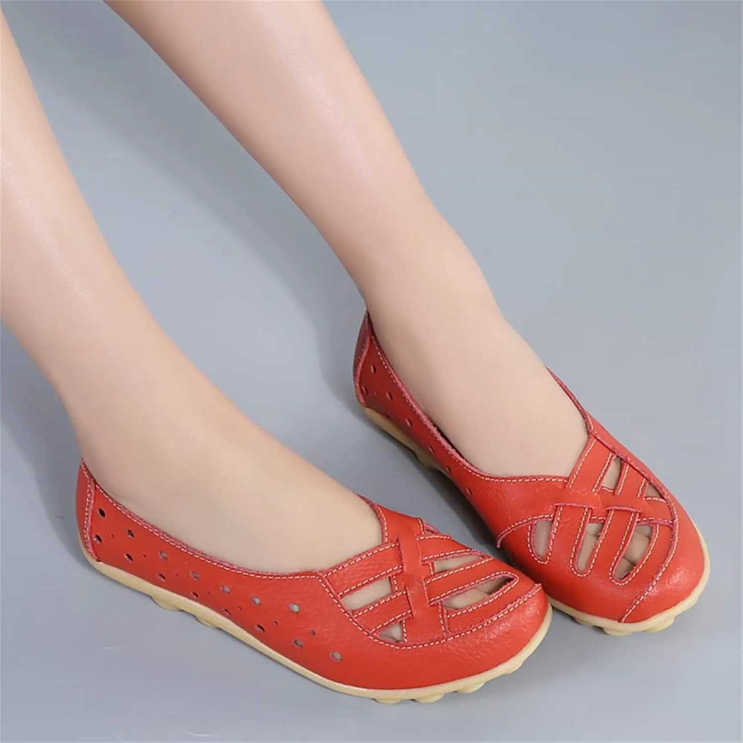 Women's Comfortable Leather Loafers Slip On Walking Flats Casual Round Toe Moccasins Nurse Orthopedic Hollow Shoes Penny Comfort Wide Width Breathable Lightweight Driving Flat Work Loafer