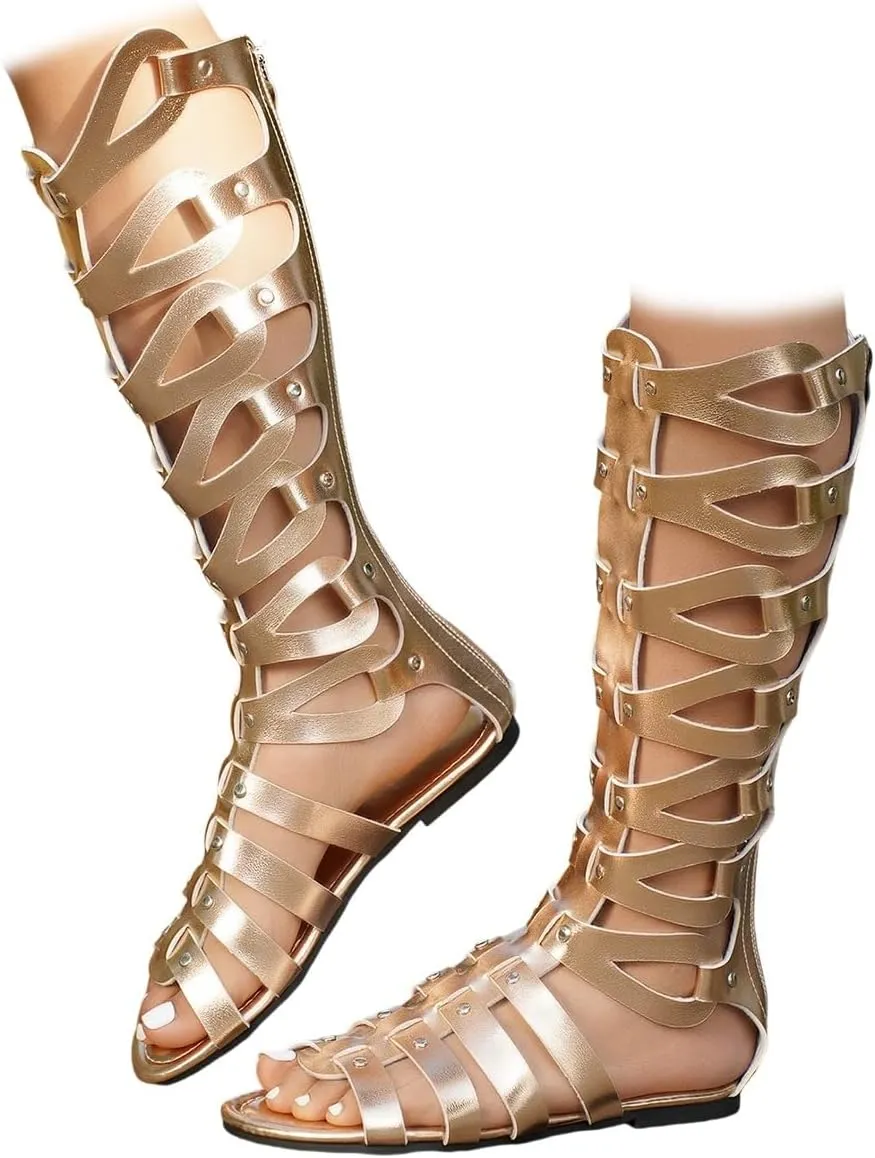 Womens Flat Knee High Gladiator Caged Sandals Gladiator Cut Out Summer Roman Boots