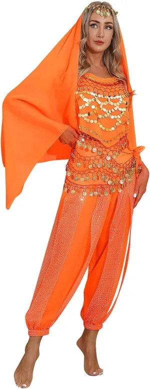 Women's India Belly Dance Costume Top with Harem Pants Hip Scarf Halloween Costume