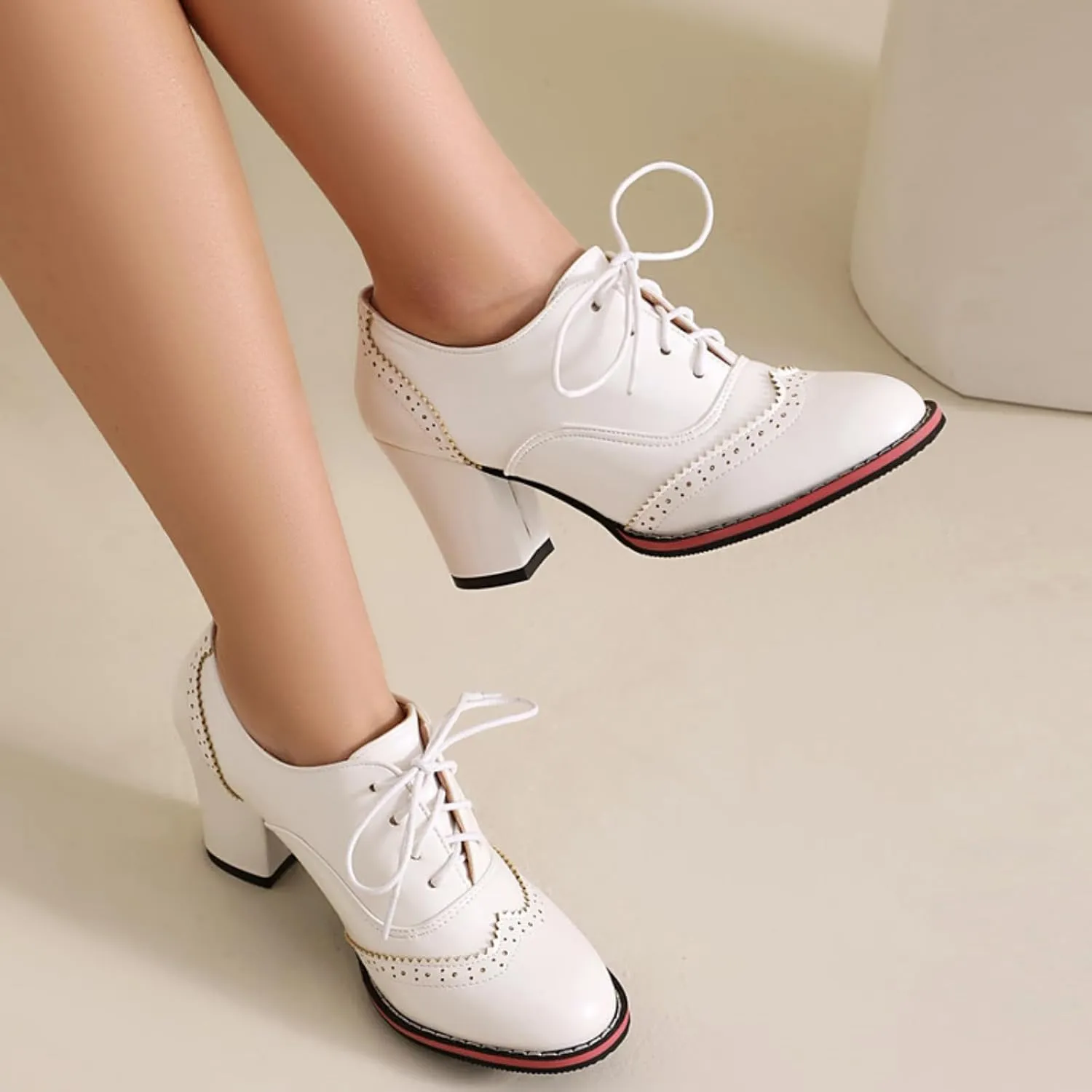 Women's Lace Up Chunky Heeled Oxfords Round Toe Vintage Stacked Block Heels Wingtip Brogues High Heel Dress Pumps