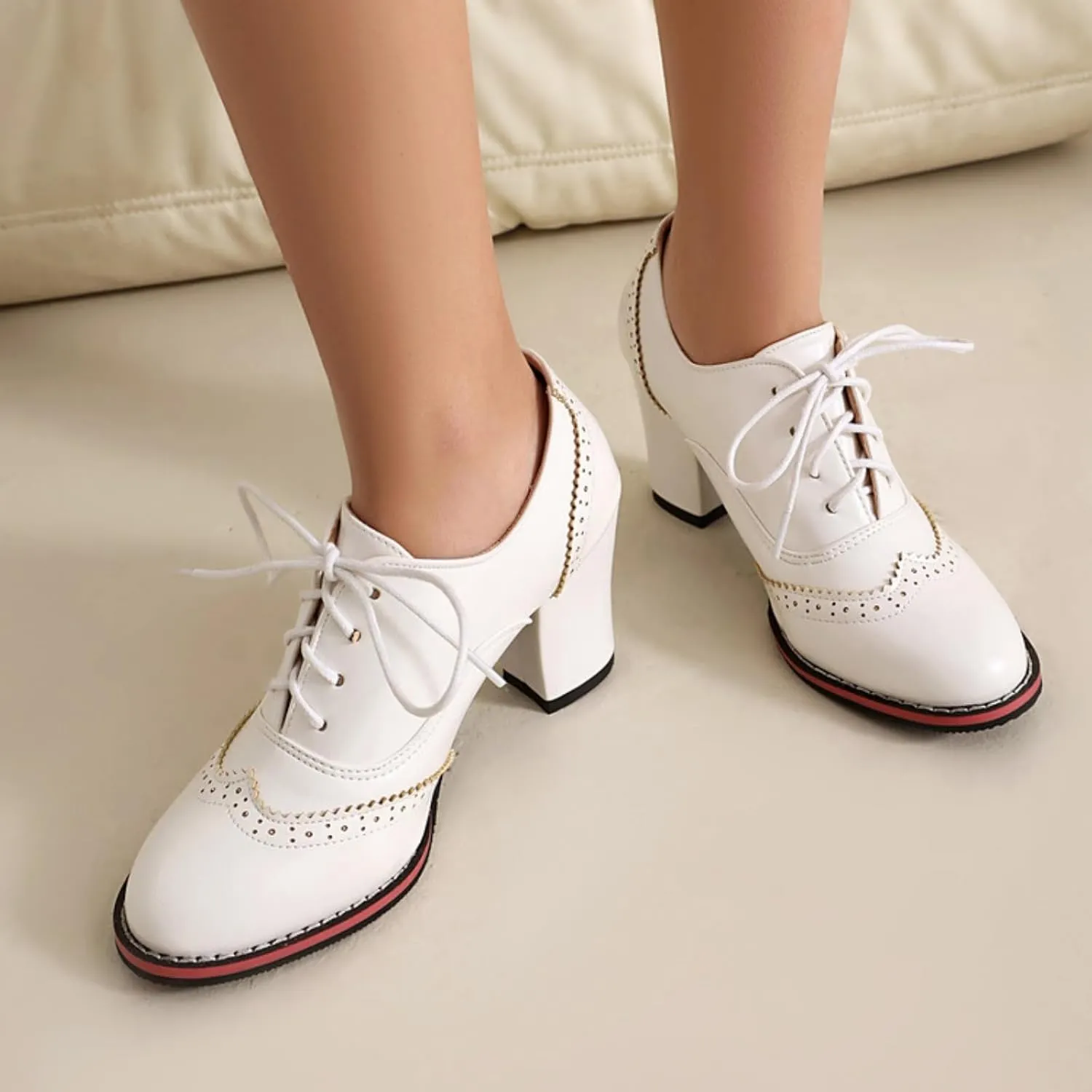 Women's Lace Up Chunky Heeled Oxfords Round Toe Vintage Stacked Block Heels Wingtip Brogues High Heel Dress Pumps