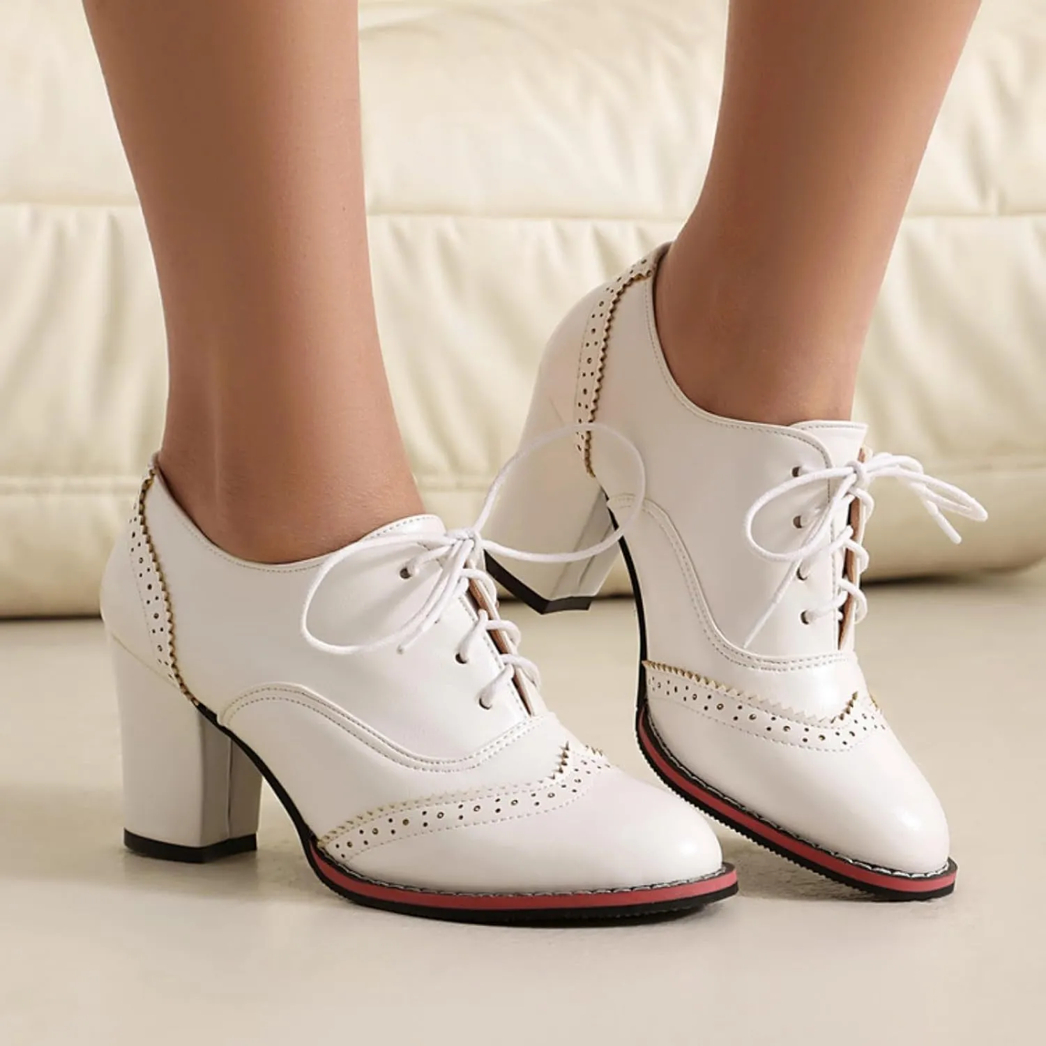 Women's Lace Up Chunky Heeled Oxfords Round Toe Vintage Stacked Block Heels Wingtip Brogues High Heel Dress Pumps