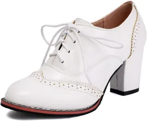 Women's Lace Up Chunky Heeled Oxfords Round Toe Vintage Stacked Block Heels Wingtip Brogues High Heel Dress Pumps