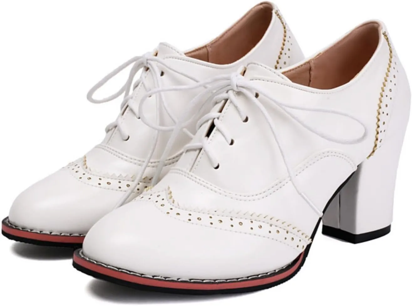 Women's Lace Up Chunky Heeled Oxfords Round Toe Vintage Stacked Block Heels Wingtip Brogues High Heel Dress Pumps