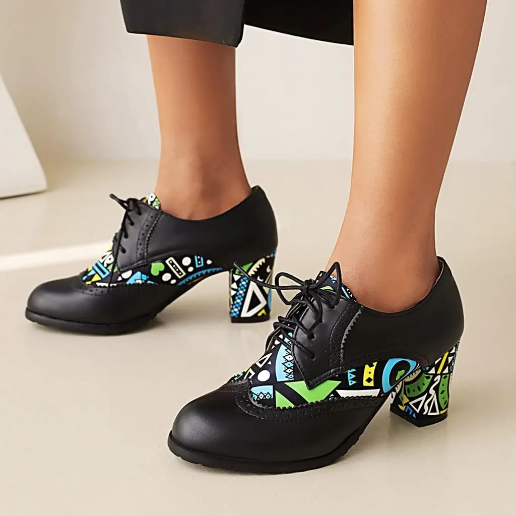 Women's Round Toe Lace Up Wingtip Oxford Pumps Block High Heel Perforated Vintage Brogue Dress Shoes