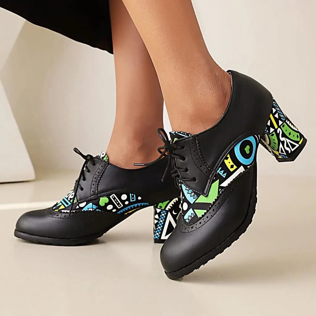 Women's Round Toe Lace Up Wingtip Oxford Pumps Block High Heel Perforated Vintage Brogue Dress Shoes