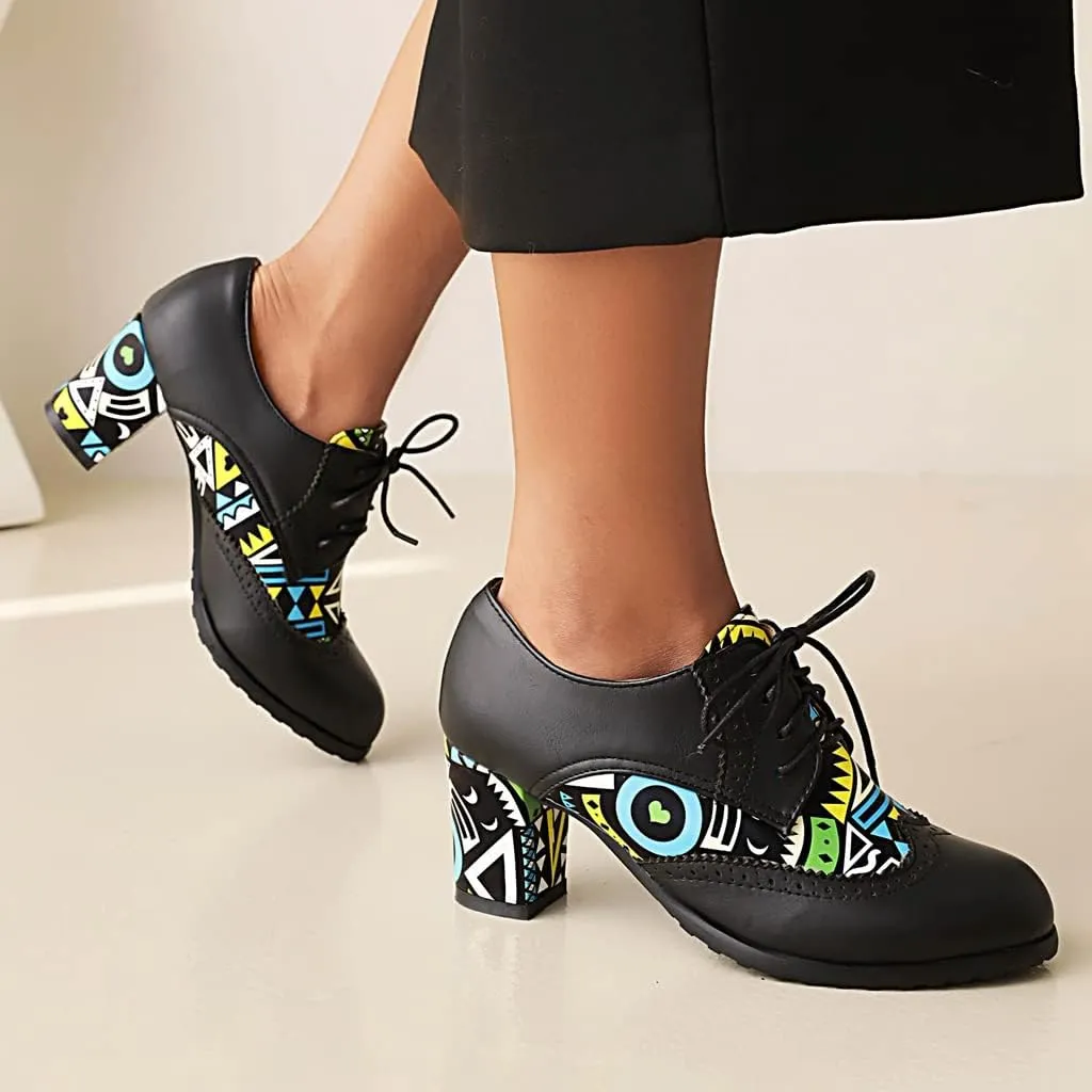 Women's Round Toe Lace Up Wingtip Oxford Pumps Block High Heel Perforated Vintage Brogue Dress Shoes