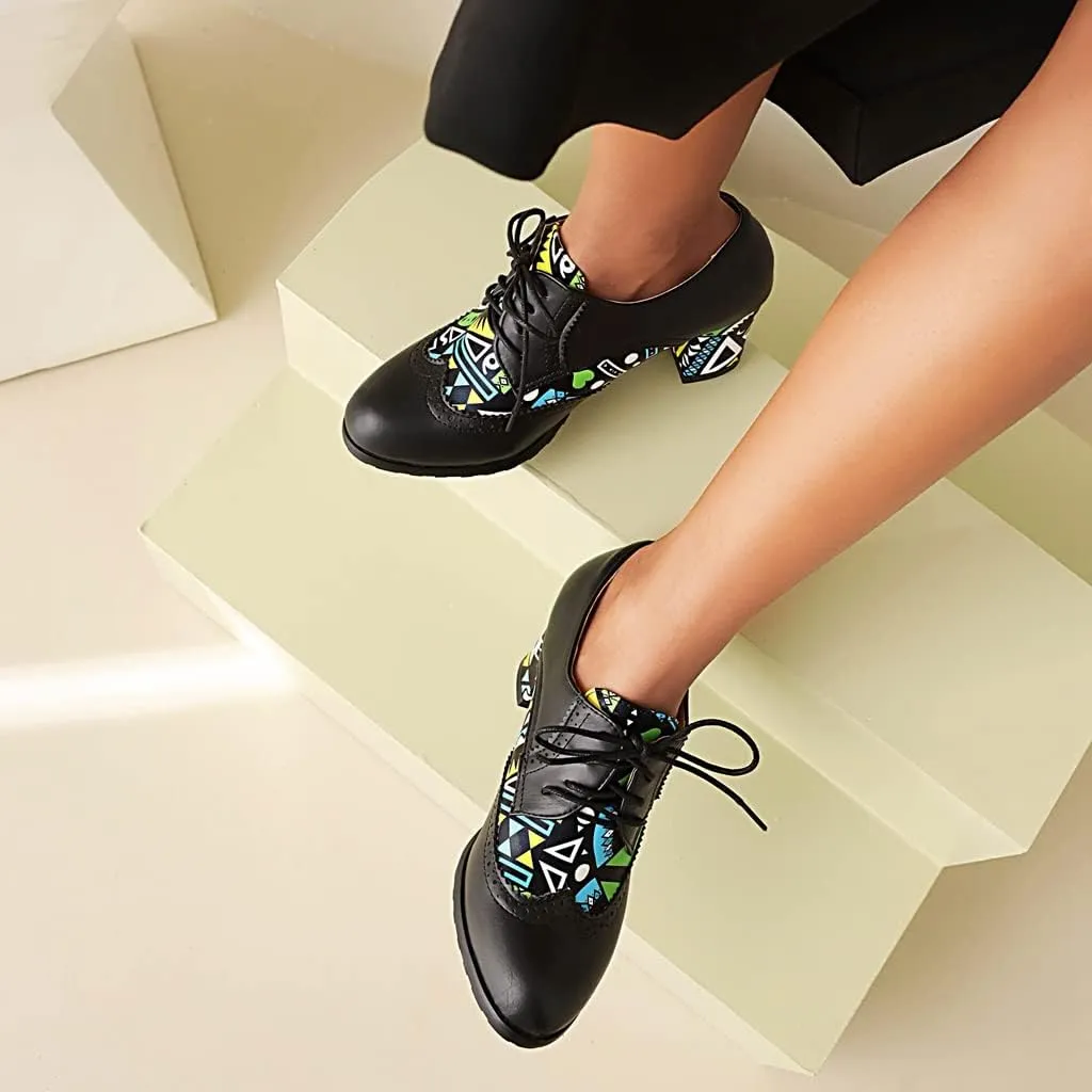 Women's Round Toe Lace Up Wingtip Oxford Pumps Block High Heel Perforated Vintage Brogue Dress Shoes