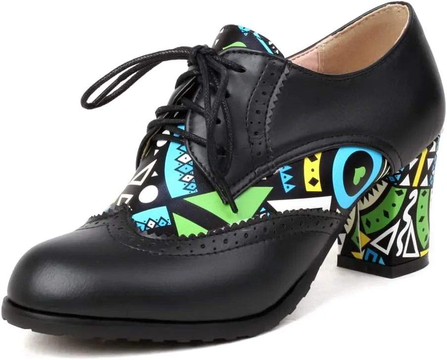 Women's Round Toe Lace Up Wingtip Oxford Pumps Block High Heel Perforated Vintage Brogue Dress Shoes