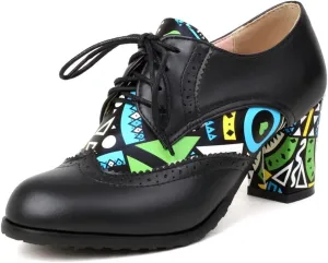 Women's Round Toe Lace Up Wingtip Oxford Pumps Block High Heel Perforated Vintage Brogue Dress Shoes