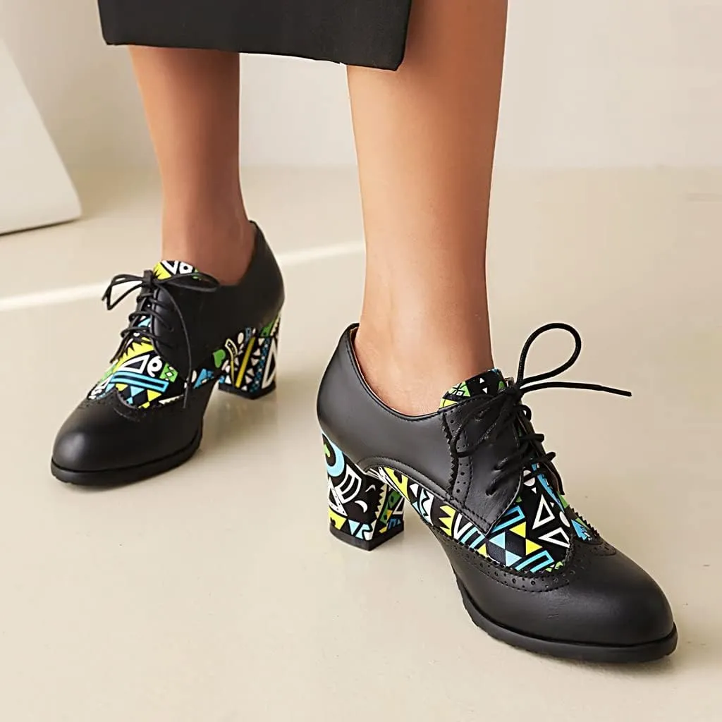 Women's Round Toe Lace Up Wingtip Oxford Pumps Block High Heel Perforated Vintage Brogue Dress Shoes