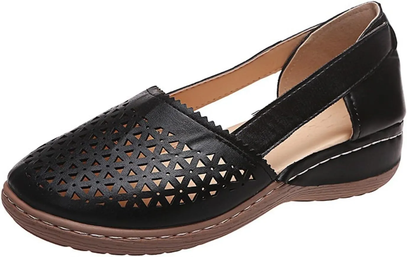 Womens Sandals Leather Casual Hollow Outer Flat Sandal Rubber Sole Comfortable Walking Casual Slip on Summer Shoes