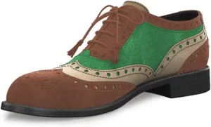 YDN Women Lace Up Oxford Carving Floral Saddle Color Block Brogues Wingtip Derby Low Heels Round Toe Shoes Business Working Size 4-16 US