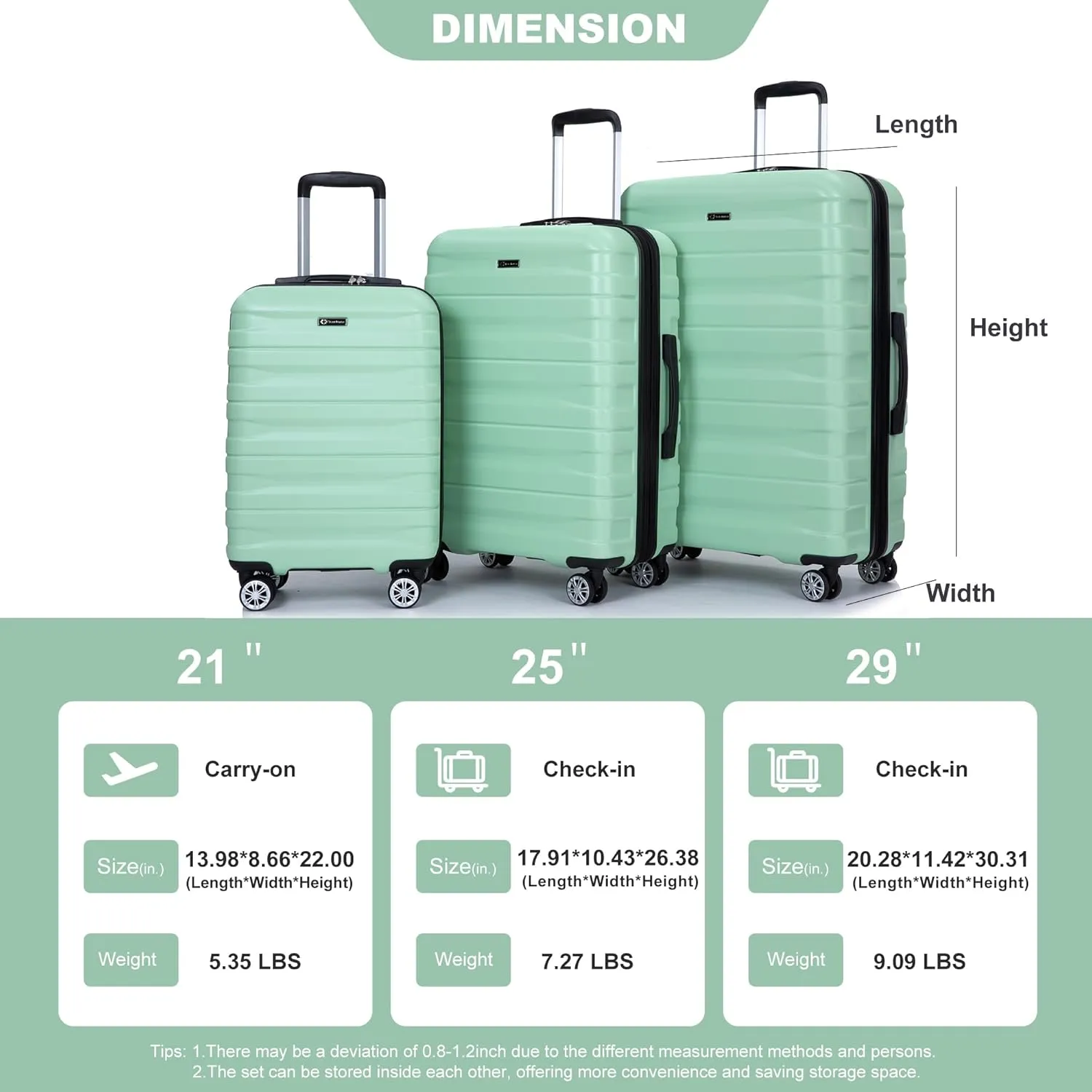 Yoglad Three piece Luggage Sets21/25/29 Inch PC Lightweight Suitcase Spinner Wheels Suitcase Luggage sets with TSA Lock with Spinner Wheels (Light Green)